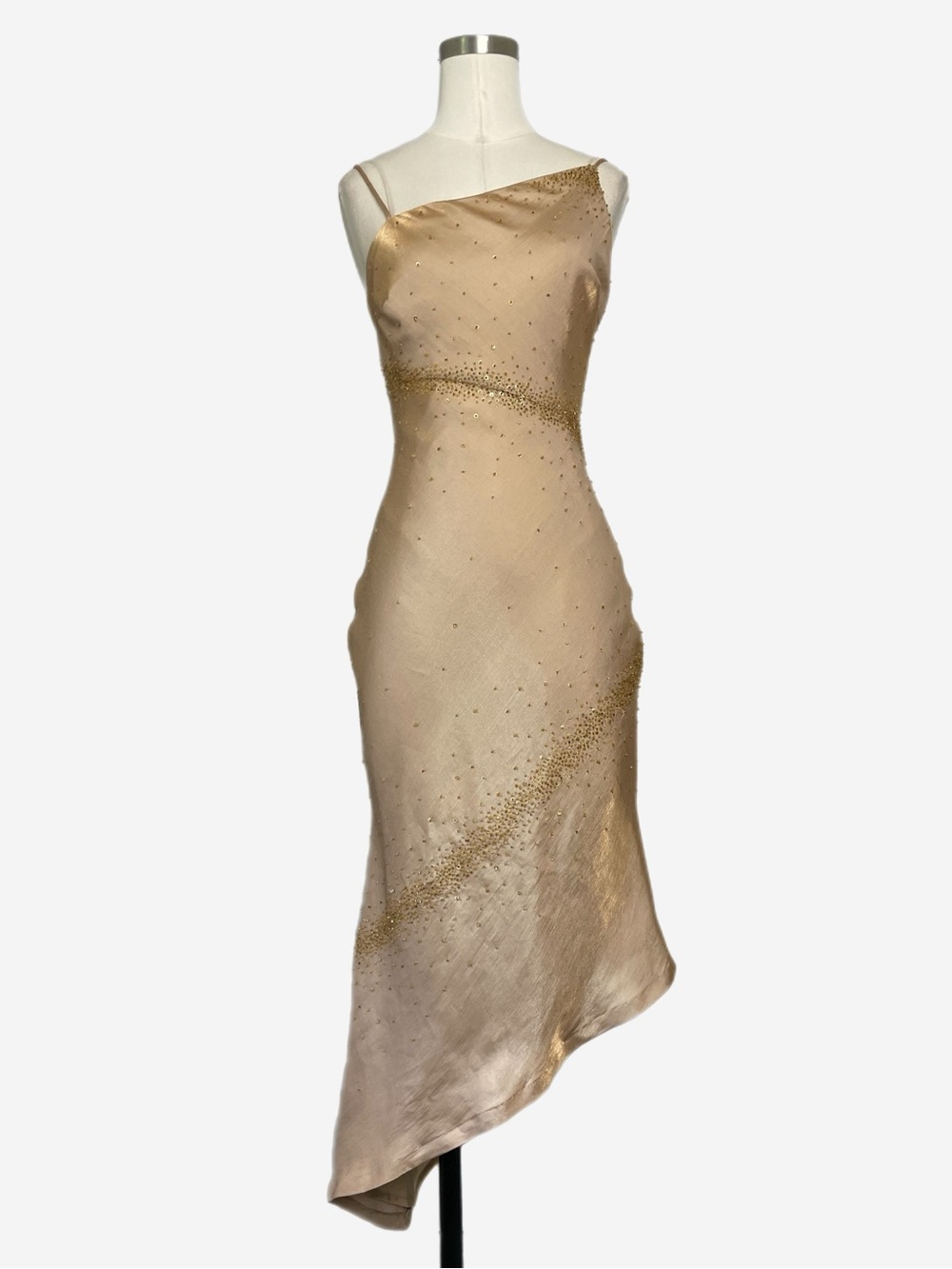 Vintage Y2K Niki Livas Gold sequin beaded open back asymmetric midi dress XS - Picture 2 of 14